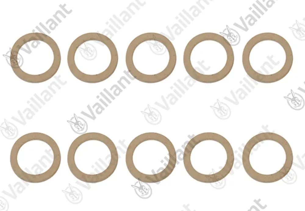 Zehn runde Dichtungsringe aus braunem Material, angeordnet in zwei Reihen, mit dem Logo der Marke Vaillant im Hintergrund.